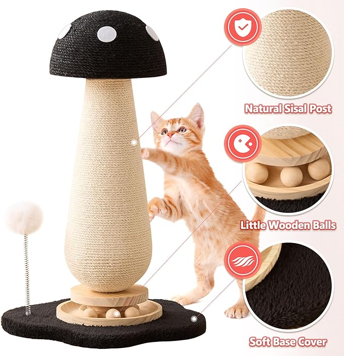 21.5‘’ H Cat Scratching Post with Catnip,Cute Mushroom Cat Scratcher Post with Durable Natural Solid Wood Turntable Toy, Solid Black Mushroom Shape Cat Toy Cat Sisal Scratcher for Indoor Cats
