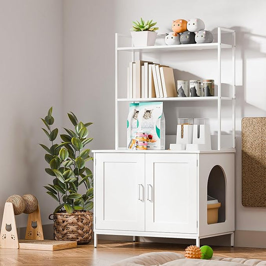Cozy Castle Litter Box Enclosure, 57'' Cat Litter Box Furniture with Large Cabinet, Shelves, Hidden Cat House for Most of Litter Boxes, Wooden Pet Washroom Indoor, White, No-Hook