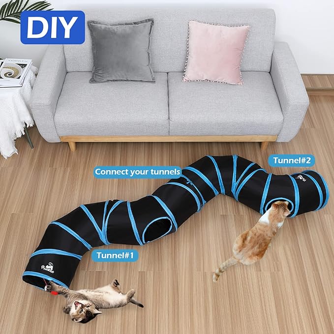 Pawaboo Cat Toys - S-Shaped Tunnels 25x97cm, Extensible Cat Play Tent with Balls and Bells, Interactive Maze House for Kittens and Small Animals, Blue