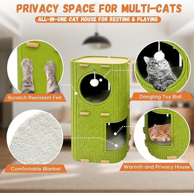 Homegroove Cat House for Indoor Cats, 2-Storey Cozy Felt Cat Bed Cave with Tunnel Hideaway, Large Multi-Cat Condo for Rest & Play (Green, Large)