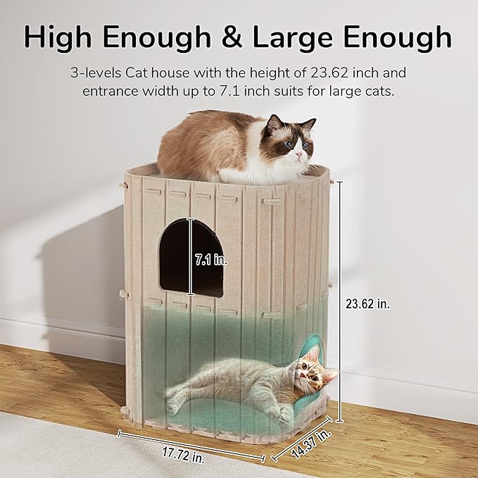 FUKUMARU Cat House for Indoor Cats, 2-Storey Large Cat Bed Cave, Cozy Felt Covered Cats Tunnel Condo Hideaway for Multicats, 17.72x14.37x23.62 inches, Beige
