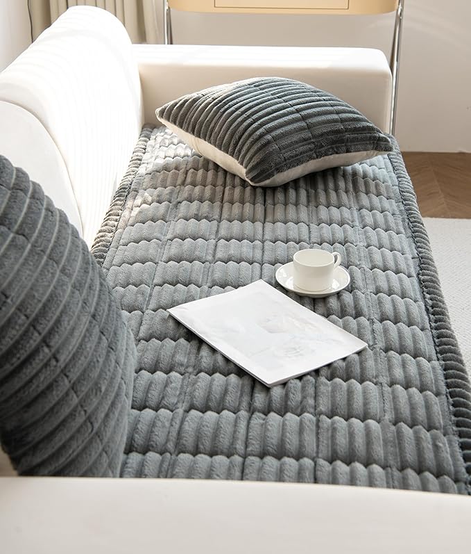 Faux Fur Plush Dog Couch Cover 3D Stripe Fuzzy Sofa Cover Non-Slip Fluffy Dog Bed Cover Pet Blanket Sofa Couch Furniture Protector for Puppy Large Dog Cat (Dark Grey,35"x94")