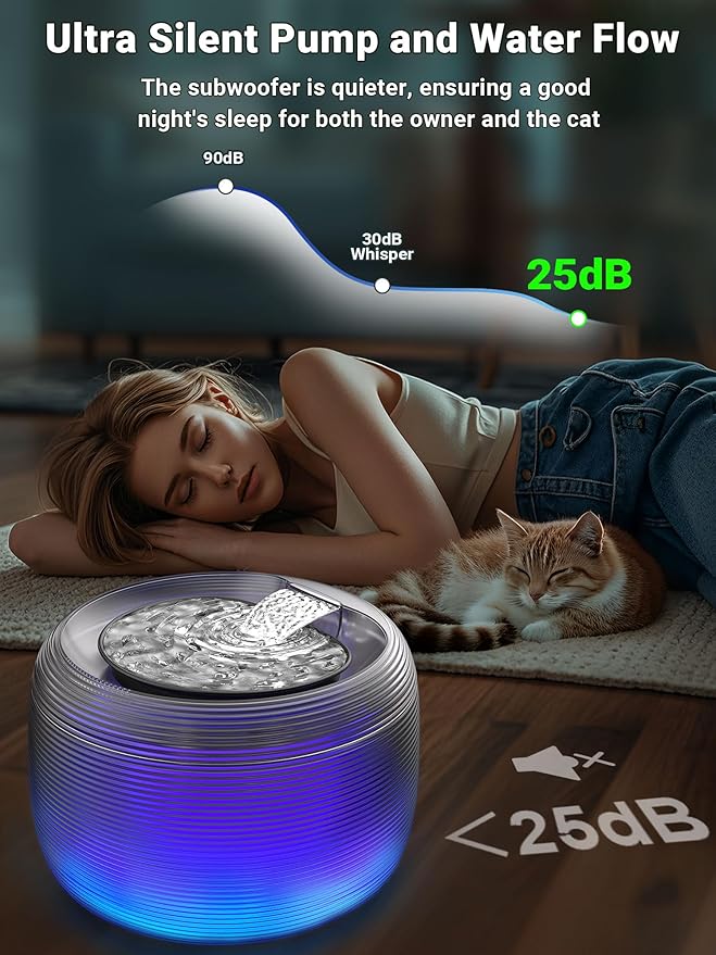 Kastty Quiet Cat Water Fountain, 3.5L/118oz Large Capacity Pet Water Fountain for Cats Indoor with Water Level LED Light, Easy Cleaning Cat Fountains for Drinking Automatic Dog Water Fountain FS75