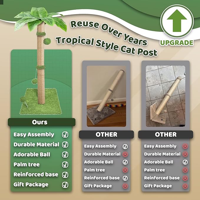 Cat Scratching Post, 34'' Tall Cat Scratchers for Indoor Cats with Hanging Balls, Tall Cute Sisal Kitten Scratch Post with Reinforced Stable Base, Green, Medium