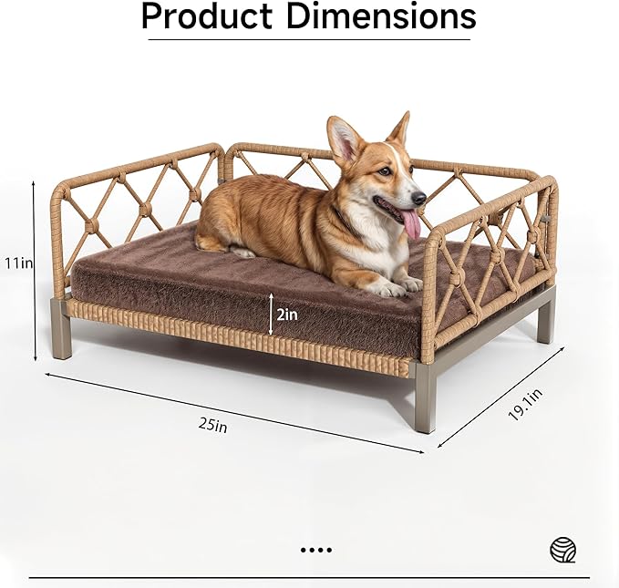 Dog Bed with Cushion, Cooling Elevated Raised Beds with Rattan Breathable Mesh and Universal Mat, Indoor & Outdoor Pet Cots for Small Dog, Brown