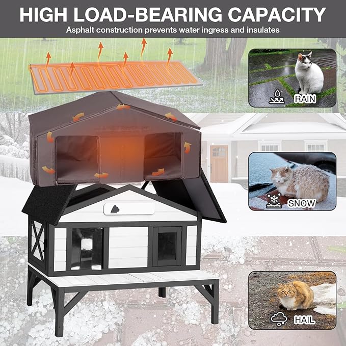 Heated Insulated Cat House Outdoor, Weatherproof Feral Cat House for Outside, Kitty Shelter with Heating Pad for Winter (Black & White,35.4" D x 31.7" W x 30.4" H)