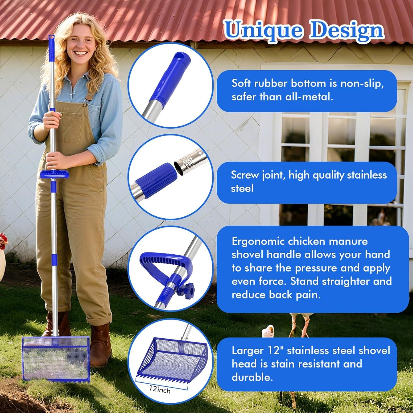 12 Inch Chicken Poop Scooper & Rake 2-in-1, Large Metal Shovel Head, Rubber Handle Stainless Steel Chicken Litter Scoop for Chicken Coops, Litter Screening Scoop (35 to 65in) US Patent Pending (Blue)