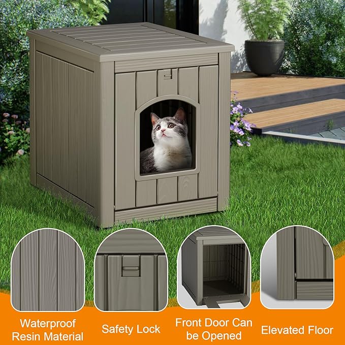 Cat House Outdoor Indoor - All-Weather Resin Cat Houses for Outdoor Cats, Durable & Insulated Pet Shelter for Garden Patio Backyard