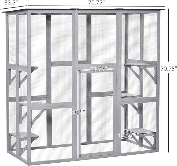 PawHut Outdoor Cat House Big Catio Wooden Feral Cat Shelter Enclosure with Large Spacious Interior, 6 High Ledges, Weather Protection Asphalt Roof, 71" L, Grey