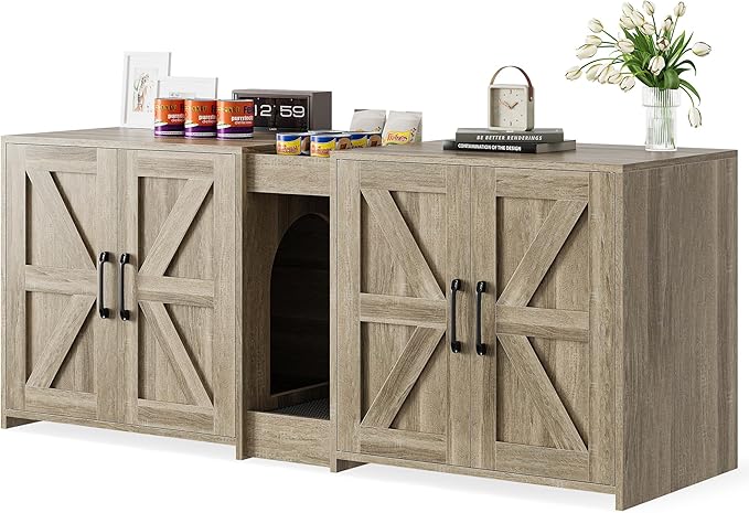 Cat Litter Box Enclosure Furniture - Hidden Litter Box Double Cabinet with Scratch Pad & Cats Bed | Farmhouse Style End Table for Cats | Discreet Cat Washroom for Living Room & Bedroom Grey