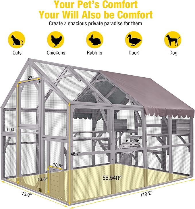 Aivituvin Catio for Multiple Cats, Large 56.54ft² Outdoor Enclosure, Weatherproof w/ 2 Bridges, 7 Trails, 2 Houses, Grey