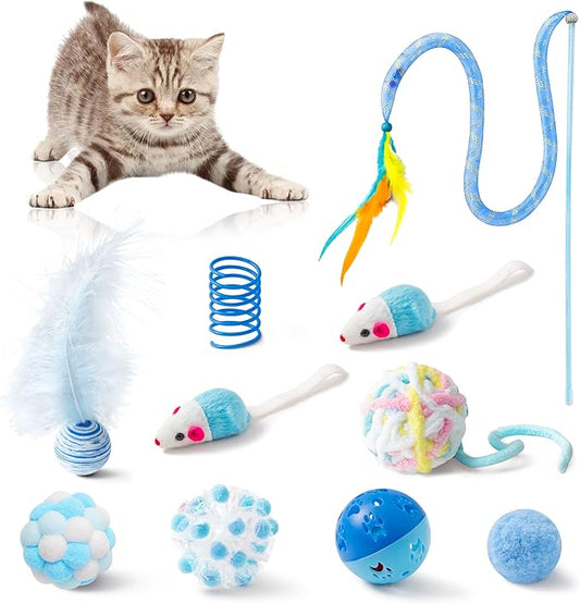 MALLMALL6 10Pcs Cat Toy Set Including Cat Springs Feather Teaser Wand Mice Crinkle Balls and Pet Bell Balls, Puzzle Interactive Pet Gift Pack Toys for Indoor Kitten (Blue)