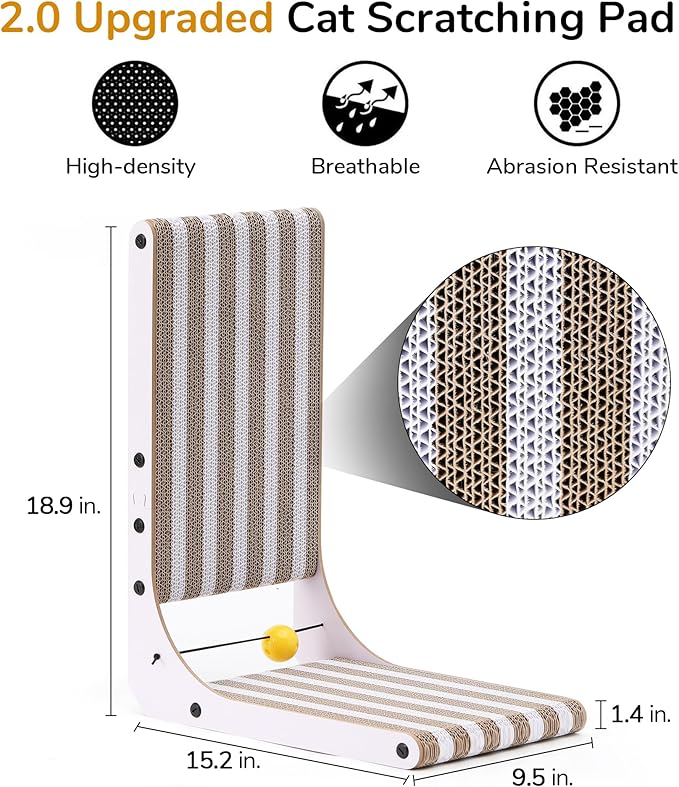 FUKUMARU Cat Scratcher, 18.9 Inch L Shape Cat Scratch Pad, Strip Pattern Cats Scratching Post Wall Mounted, Cardboard Cats Scratcher with Ball Toy for Indoor Kitty, Fun Playing Box Included, M