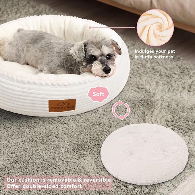 30in Round Dog Bed Sofa for Small/Medium/Large Dogs, Machine Washable Supportive Foam Pet Couch with Washable Removable Mat and Non-Slip Bottom, Pet Cuddler for Indoor/Outdoor/Car/Cage, Cream