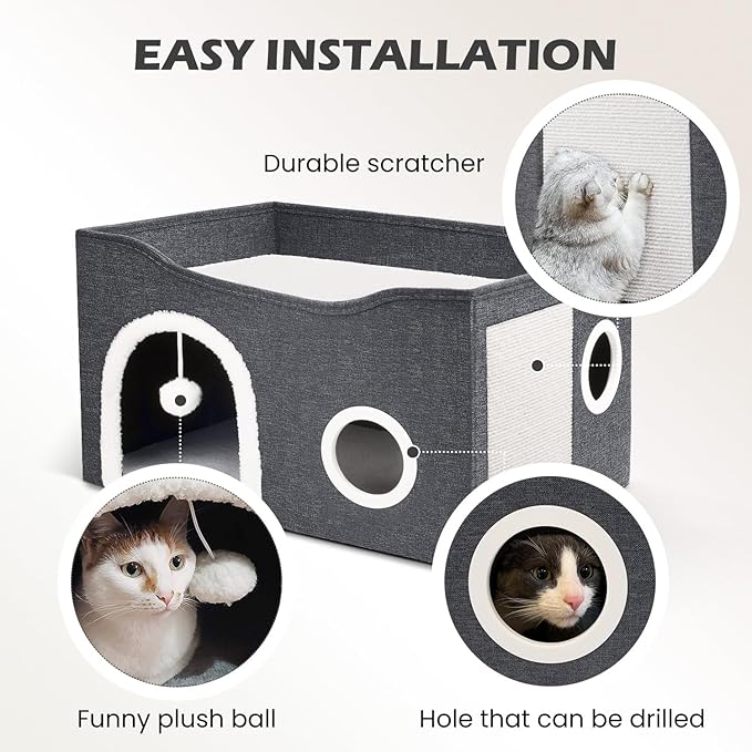 Heeyoo Cat House for Indoor Cats - Large Cat Bed Cave with Fluffy Ball and Scratch Pad, Foldable Cat Houses & Condos, Cat Cubes, Cat Hideaway, Covered Cat Bed for Multi Small Pet Large Kitty