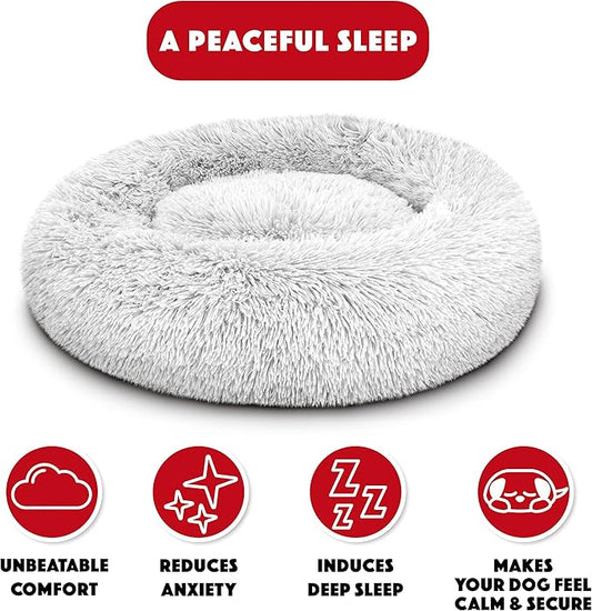 The Dog's Balls Sound Sleep Donut Dog Bed, Small Ice White Fur Calming Nest Bed, Veterinary Approved