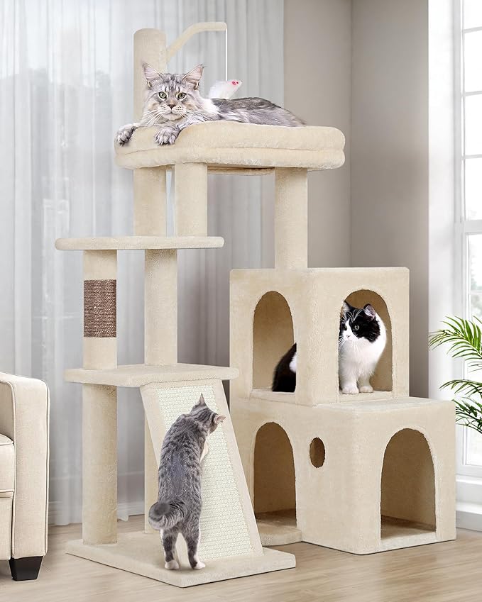 Globlazer F50 Cat Tower for Adult Indoor Cats, 50-inch Heavy Duty Cat Tree for Big Cats, Cat Tree House with Extra-Large Padded Platform, Sisal Scratching Board, 2 Large Condos, Beige