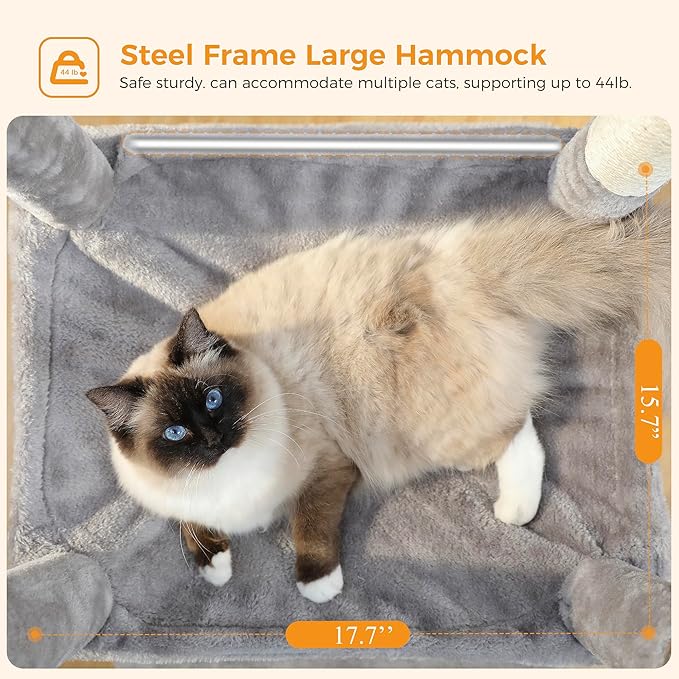 Cat Tree for Indoor Cats, 45.7" Multi-Level Cat Tower with Large Metal Frame Hammock, Cat Condo with 4 Scratching Posts and Top Perch for Small Medium Kitty, Grey
