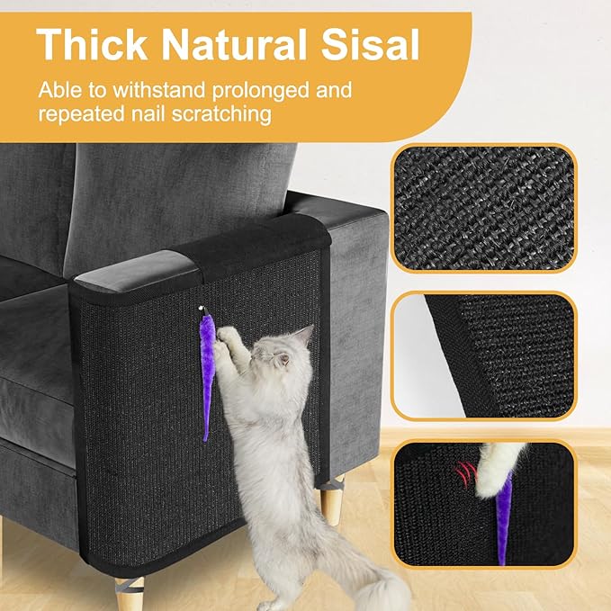 Cat Scratch Couch Protector,Cat Scratch Sofa Armest Cover with Sisal Mat and a Toy for Small Animals Indoor use 23.6’’L*19.7’’W (Black/Left Hand)