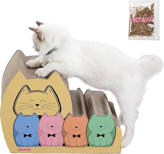 CSR1005A Kazoku 15.63" Modern Cardboard 5-in-1 Family Cat Cave Scratcher with Catnip and Pull-Out Design, Multi-Colored