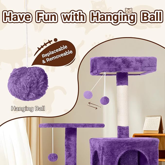 Cat Tree, 54-Inch Cat Tower for Indoor Cats,Plush Multi-Level Cat Condo with Scratching Posts, Basket, Perches,2 Caves,2 Pompoms(Purple)