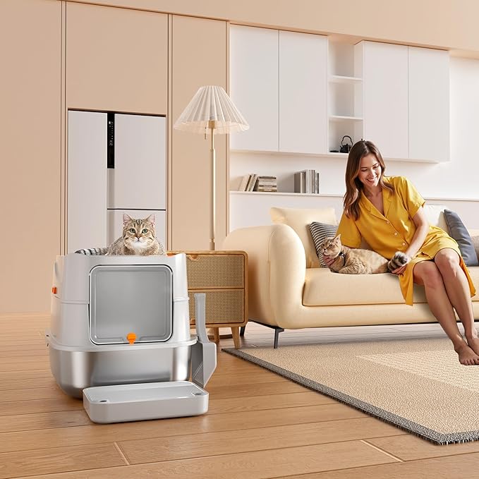 Extra-Large Stainless Steel Cat Litter Box with Lid, Dual Entry Design (Front & Top), Leak-Proof & Odor-Free, Easy to Clean Metal Kitty Litter Pan with Scoop & Filter Pedal