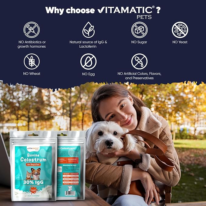 Vitamatic Bovine Colostrum for Dogs and Cats, 90 Grams, 30% Immunoglobulins, Grass Fed