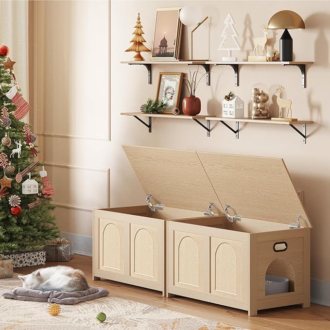 DINZI LVJ Cat Litter Box Enclosure, Flip Top Litter Box Furniture, Farmhouse Hidden Cat Washroom, Wooden Pet House, End Side Table, 31.5" L x 19.7" W x 19.7" H, Sturdy and Easy to Assemble, Natural