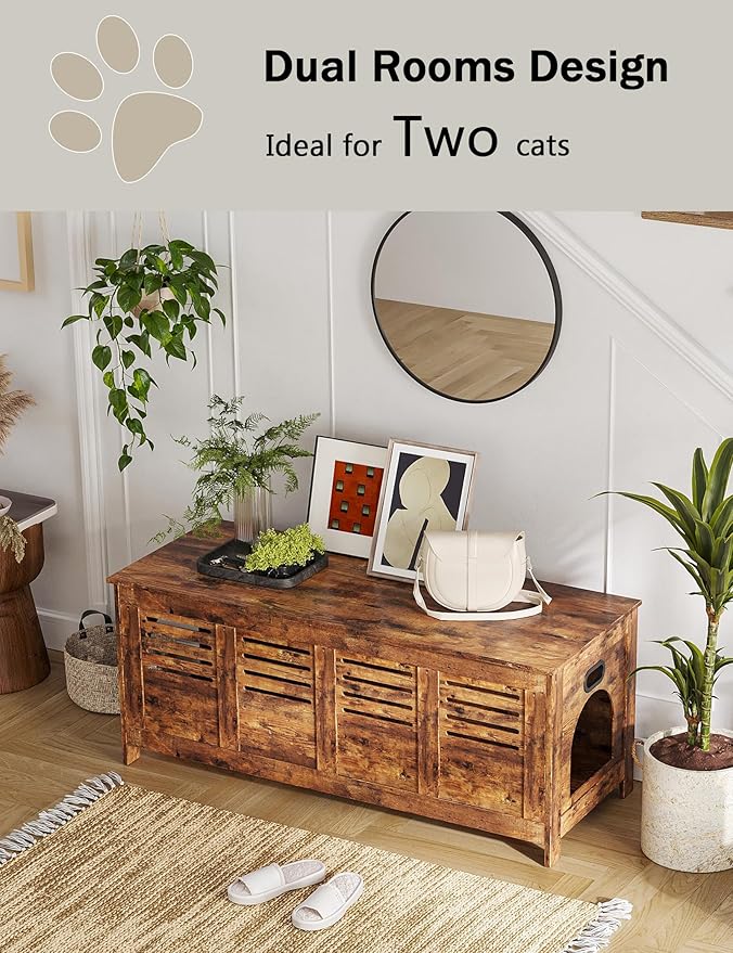 DINZI LVJ Litter Box Enclosure Furniture for 2 Cats, Top Opening Hidden Litter Box with Double Rooms, Dual Cat House with Good Ventilation, 47.2" Wooden Cat Washroom, Box Cabinet, Rustic Brown