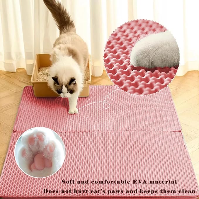 HCY&WLD Cat Litter Mat, Honeycomb Double Layer Cat Litter Trapping Mat, Waterproof Urine Proof Non-Slip, Scatter Control, Less Waste, Easier to Clean (Pink, 35" X 24")