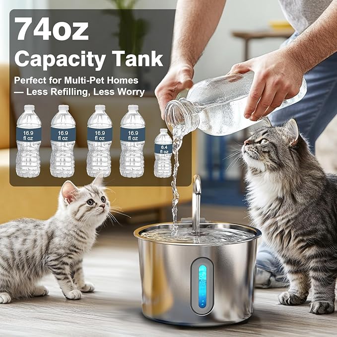 Cat Water Fountain, 74oz/2.2L Cat Fountain for Drinking - Pet Water Fountain Stainless Steel for Cats Inside - Quiet Water Bowl Dispenser - Kitty Drinking Fountains - 8 Filters + 8 Sponges