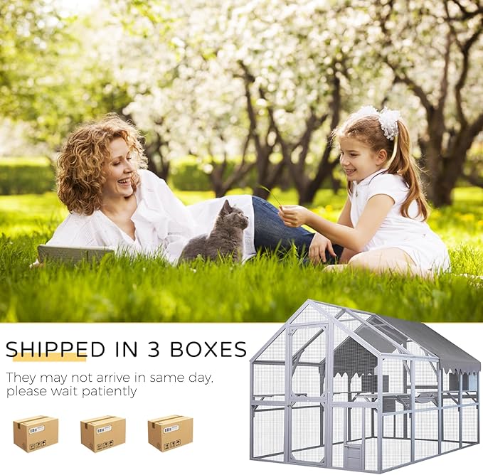 Catio Outdoor Cat Enclosure House Large for Multiple Cats, Wooden Cat Condo Cage for Outside with Waterproof Roof, Playpen, Resting Box, Platform, Bridges, Doors, 111”x74”x74”, Gray