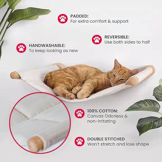 Cat Wall Shelves for Large Cats Set with Hammock, Steps & Scratching Pad - Solid Wood Mounted Climbing Furniture, Indoor Perch and Bed Wall System