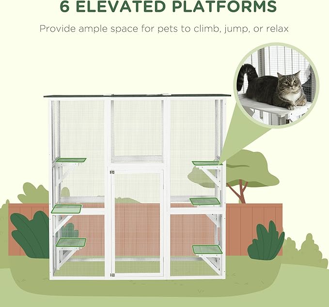 PawHut Outdoor Cat House Big Catio Wooden Feral Cat Shelter Enclosure with Large Spacious Interior, 6 High Ledges, Weather Protection Asphalt Roof, 71" L, White
