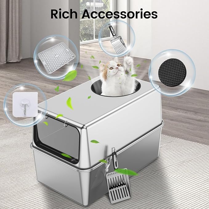 Stainless Steel Litter Box with Lid – Dog Proof, XL Enclosed Metal, High Side, Odor Control, for Big Cats & Multi-Cat Household, Black, Dubble Entry (Top and Front)