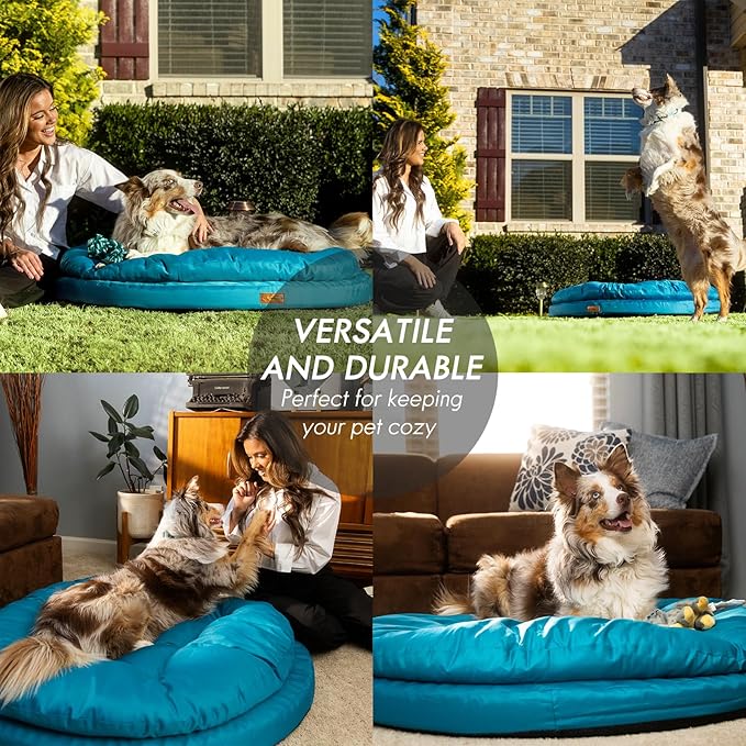 ClevaHome Orthopedic Dog Bed for Large Dogs, Dual Layer Water Repellent Round Pet Bed with Washable Cover Nonslip Bottom （Mosaic Blue）