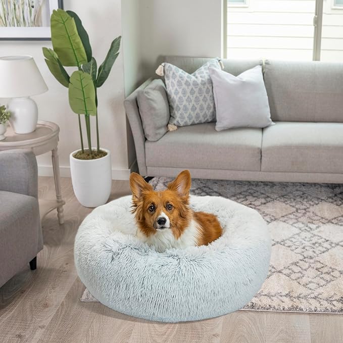 Best Friends by Sheri Original Calming Donut Dog and Cat Bed, Shag Faux Fur, Frost Gray, (30in x 30in) - Anxiety Relief for Pets Up to 45 lbs