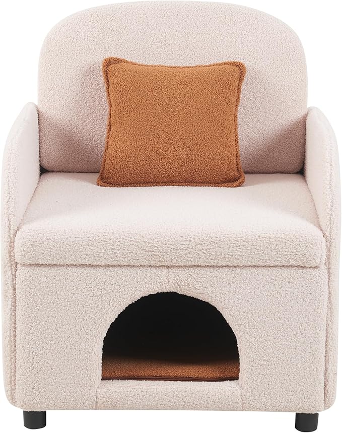 Merax 2 in 1 Pet Friendly Sherpa Upholstered Sofa Chair, Leisure Armchair, Fluffy Fabric with Lumbar Pillow for Living Room Bedroom Home and Office, Cream White