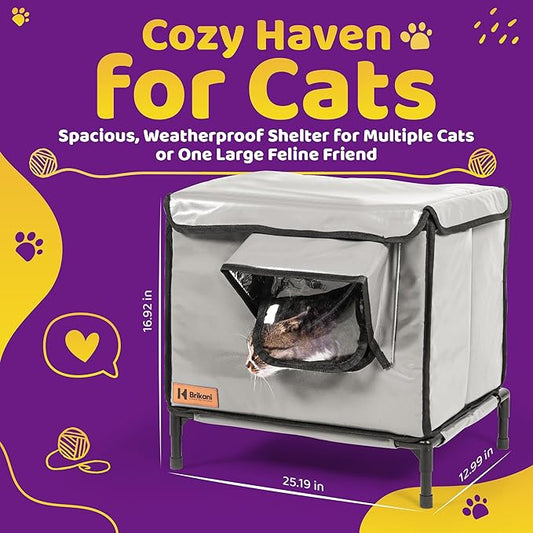 Indoor and Outdoor Cat House - Weatherproof Cat Shelter - Insulated - Elevated House with Plush Cushion - Waterproof Feral Cat House