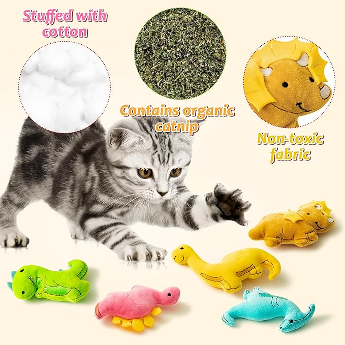 MALLMALL6 5Pcs Dinosaur Catnip Toys for Cat, Indoor Cat Chew Bite Kick Catmint Pet Supplies for Kitten Lover Gifts, Interactive Pet Toy with Cute Expression