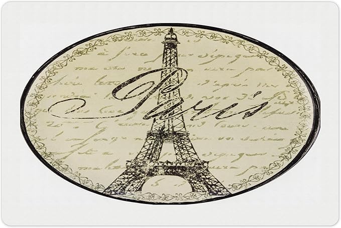Lunarable Paris Pet Mat for Food and Water, Vintage Wall Sign with Paris Theme Famous Landmark Tourism Travel Destination, Non-Slip Rubber Mat for Dogs and Cats, 18" X 12", Beige and Black