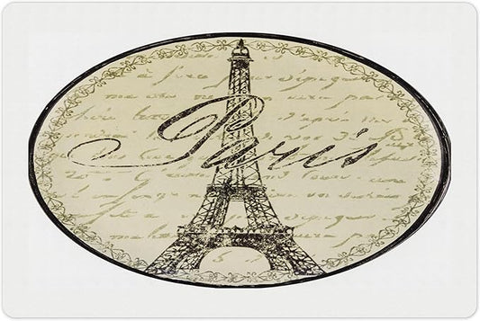 Lunarable Paris Pet Mat for Food and Water, Vintage Wall Sign with Paris Theme Famous Landmark Tourism Travel Destination, Non-Slip Rubber Mat for Dogs and Cats, 18" X 12", Beige and Black