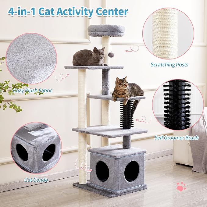 Made4Pets 52.4" Tall Multi-Level Large Cat Tower for Indoor Cats With Scratching Posts, Pompoms, Grooming Brush and Perch - Grey