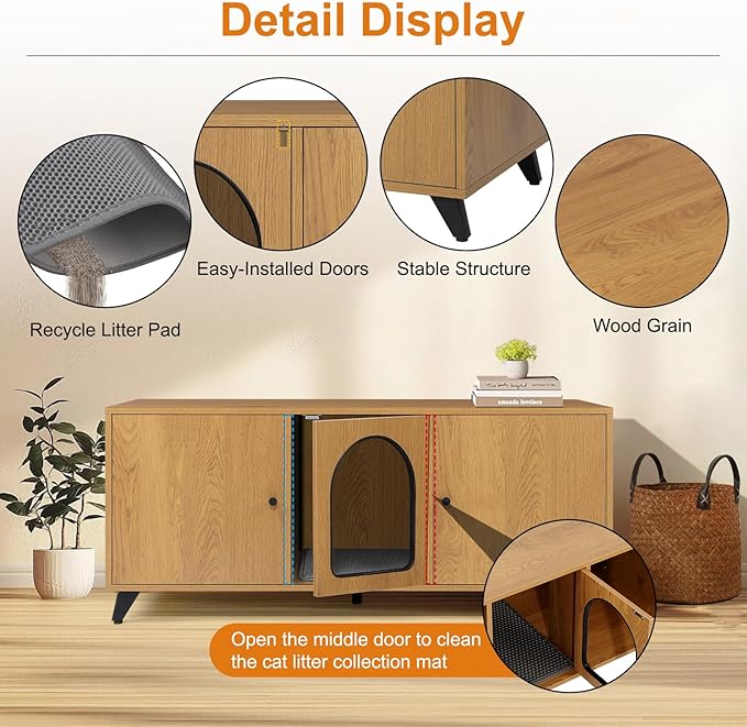 Cat Litter Box Enclosure for 2 Cats, Modern Hidden Litter Box Furniture with Double Room, Large Cat House Washroom Cabinet with Scratch Pad, 46.5" x 19.7" x 19.7" (Natural Oak)
