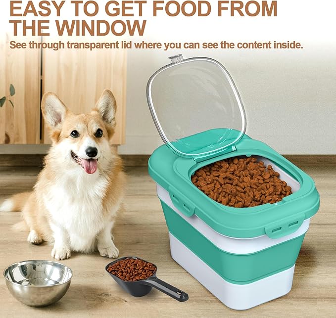 Dog Food Storage Container, 10lb to 13lb Collapsible Dog Cat Food Containers with Airtight Clear Flip-top and Pet Food Scoop, Pet Food Storage Container Bin for Dog Cat Bird Other Pets (Green)