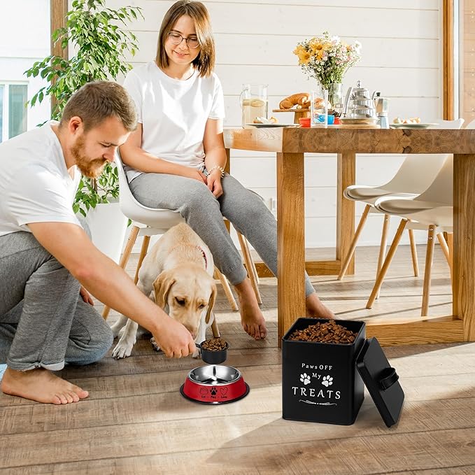 Meraki Home Small Dog Food Container and Dog Treats Container - Tight Lids - Feed Scoop and Pet Food Bowl - Farmhouse Metal Storage Bin - Matte Black