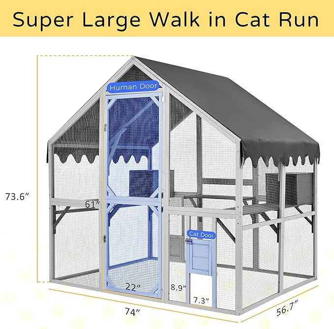 Catio Outdoor Cat Enclosure House Large for Multiple Cats, Wooden Cat Condo Cage for Outside with Waterproof Roof, Playpen, Resting Box, Platform, Bridges, Doors, 74”x57”x74”, Gray