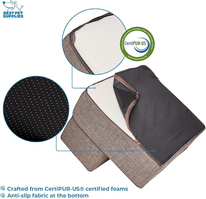 Best Pet Supplies Dog Stairs & Steps - Foam Steps for Small Dogs & Cats, Non-Slip Indoor Balanced Pet Step Support, Dog Ramp, No Assembly, Brown Linen, Foldable 2-Step (12-inch Height)