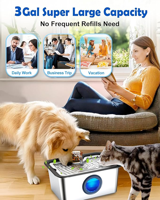 3Gal Large Ultra-Purification Dog Water Fountain SS304,Dog Cat Drinking Bowl Dispenser with Visual Window,Widely Drinking Area,Deep Purification Filter,Triple Waterfall Structures,Low Water Indicator