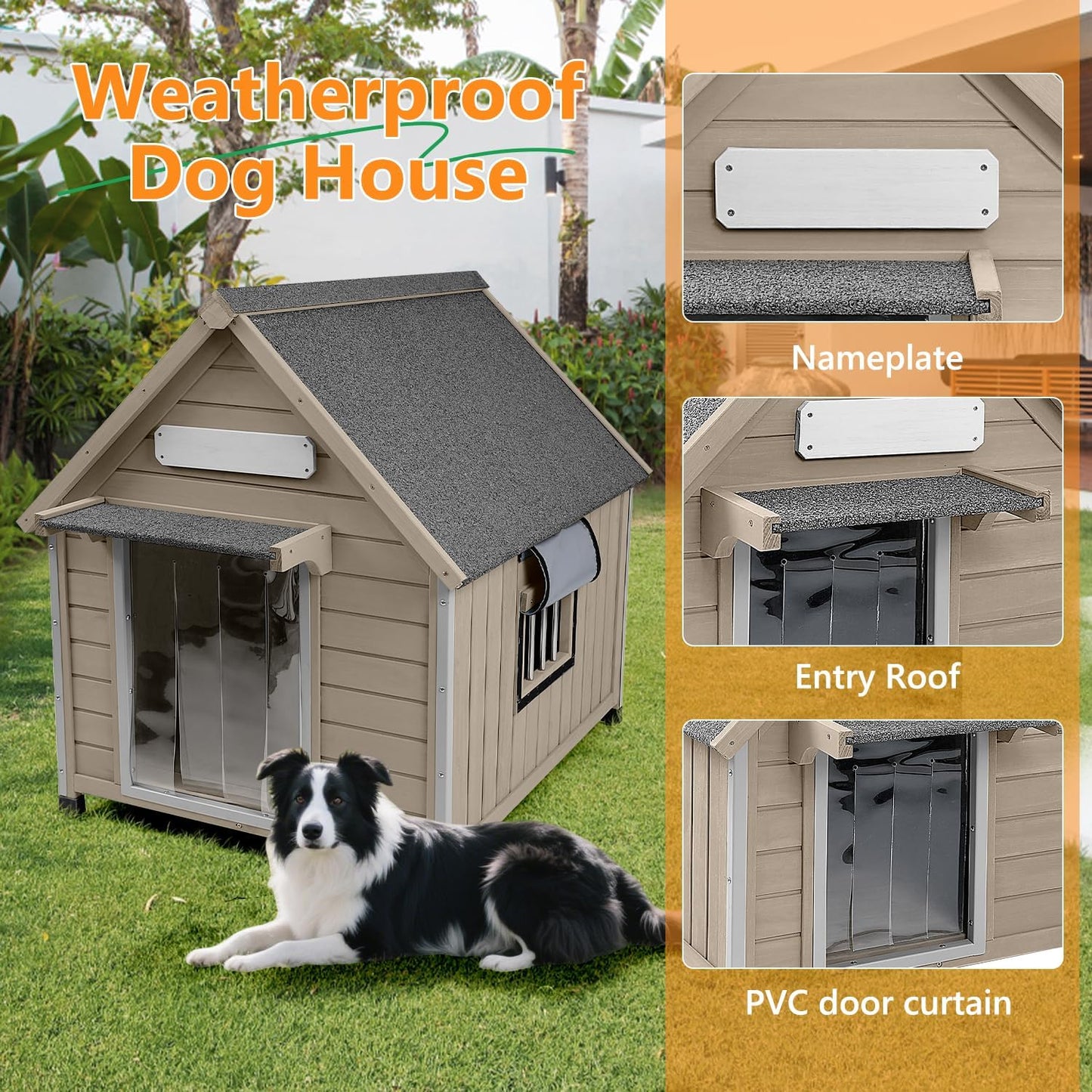 Large Dog House Outdoor Weatherproof, Wooden Dog Kennel Shelter with Anti-Chewing Iron Frame, Removable Floor for Medium to Large Dogs, Easy Clean and Assemble (30.5" L*37.4" W*39.3" H)